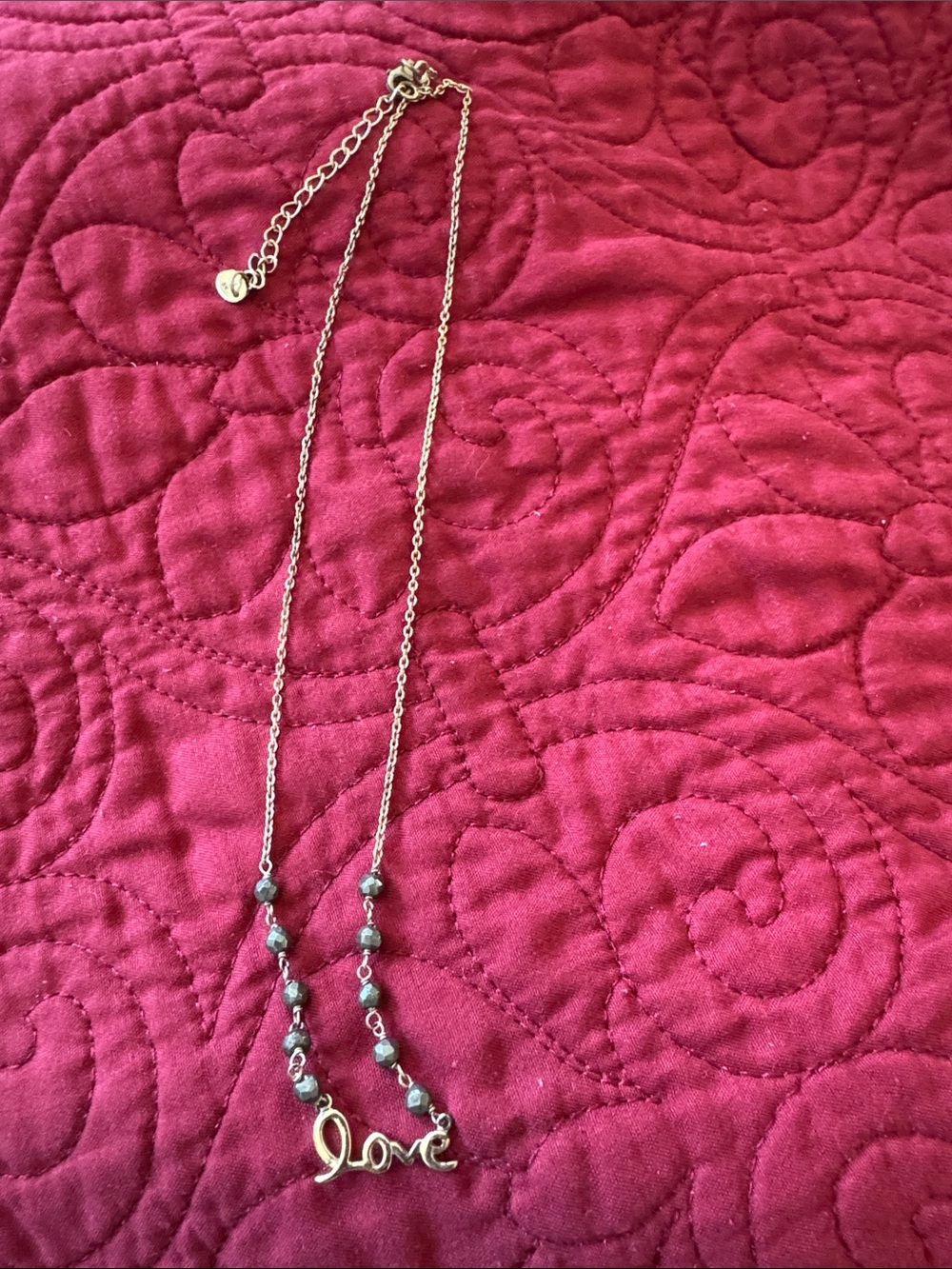 Argento Vivo Gold Script 'Love' Necklace with Dark Hematite Beads 925